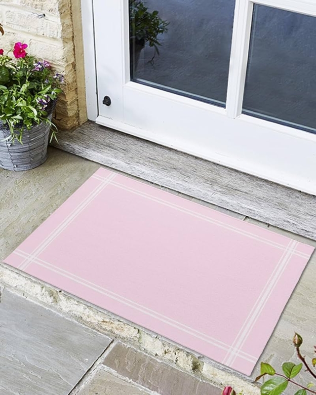Soft Pink Doormat with White Double-Border Low-Profile Entryway Mat Decor