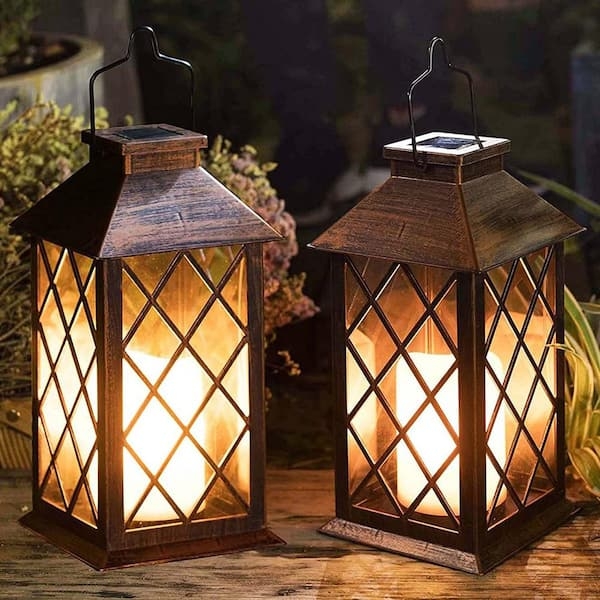 Solar Lantern, Antique Bronze, Diamond Lattice, Warm Patio Lighting