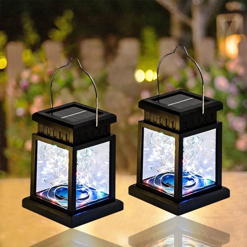 Solar Lantern Black Square Frame Internal Fairy Lights Warm Glow