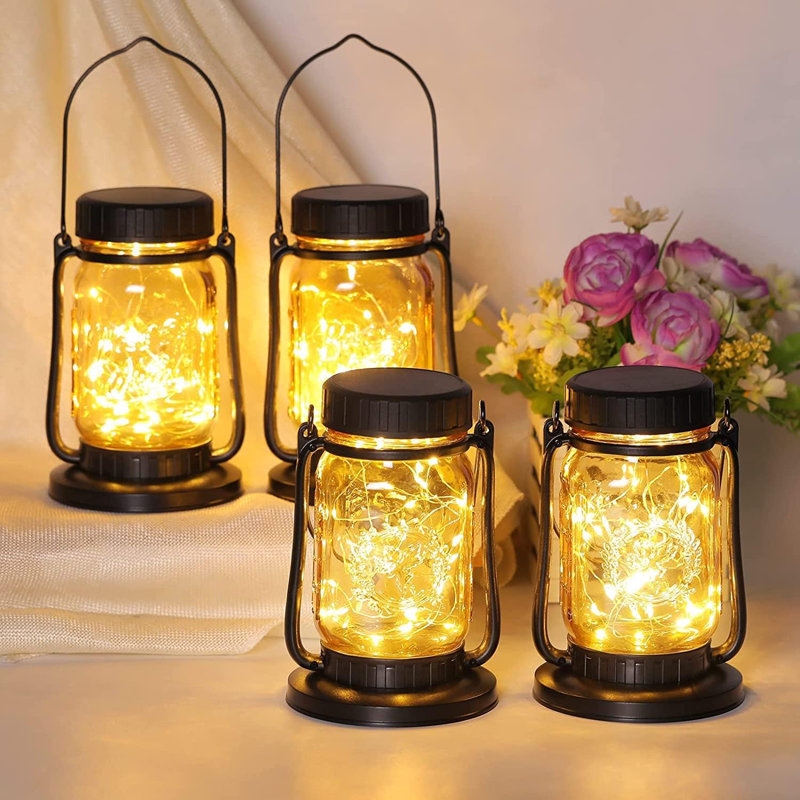 Solar Lantern Jar Silhouette Firefly Effect Black Wire Handle