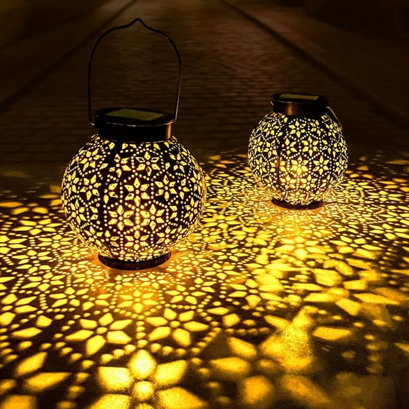 Solar Lantern Moroccan Style Intricate Cutout Pattern Projected Shadows