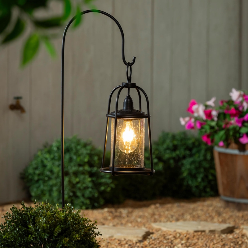 Solar Lantern Shepherds Hook Cage Frame Seeded Glass Patio Lamp