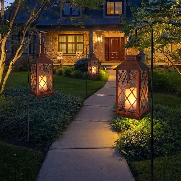 Solar Lanterns on Shepherd Hooks, Antique Bronze, Lattice Overlay