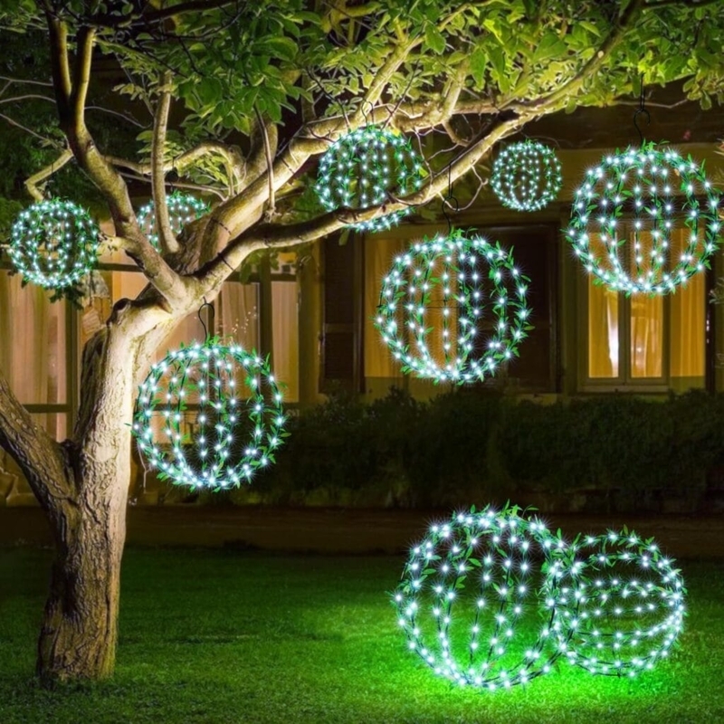 Solar Light Spheres Leaf Covered Hanging Globe Outdoor Lighting