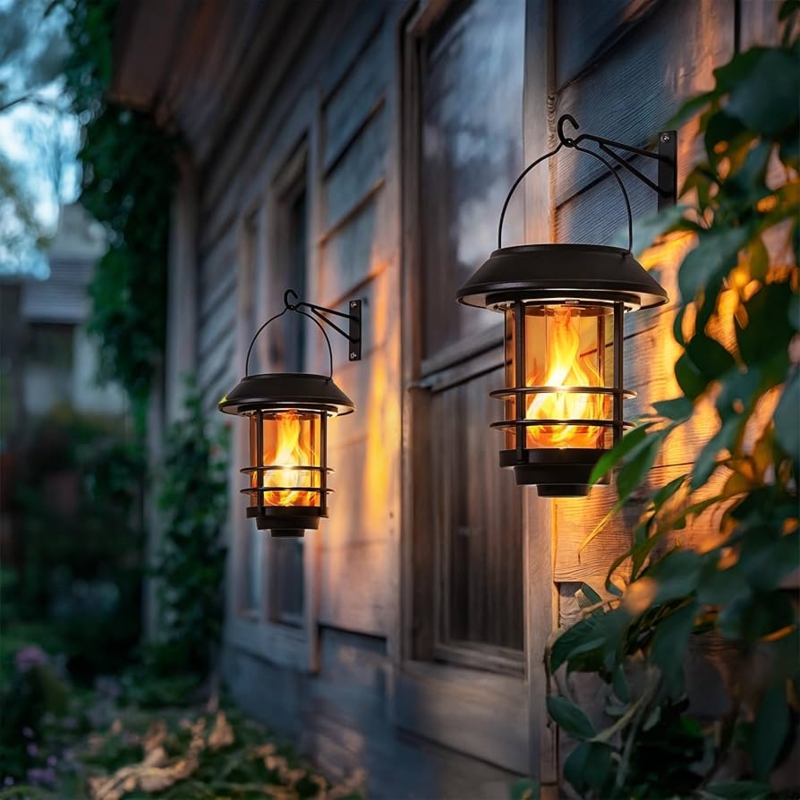 Solar Outdoor Lantern, Flickering Flame Effect, Matte Black Wall Light