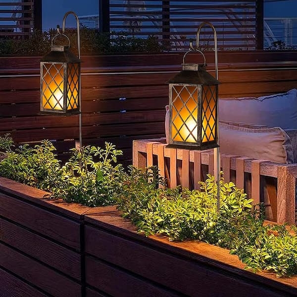 Solar Outdoor Lantern with Shepherd Hook Flickering Candle Black