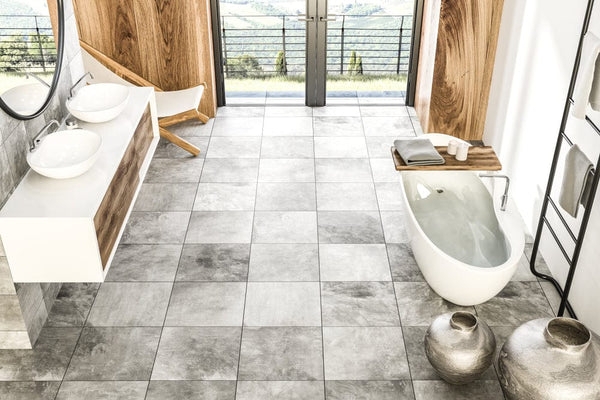 Spa-Like Bathroom: Large Format Grey Stone Tiles & Wood Paneling