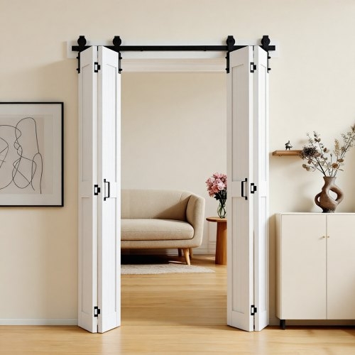 Space Saving Bifold Barn Door Recessed Panels Black Hardware Minimalist Style
