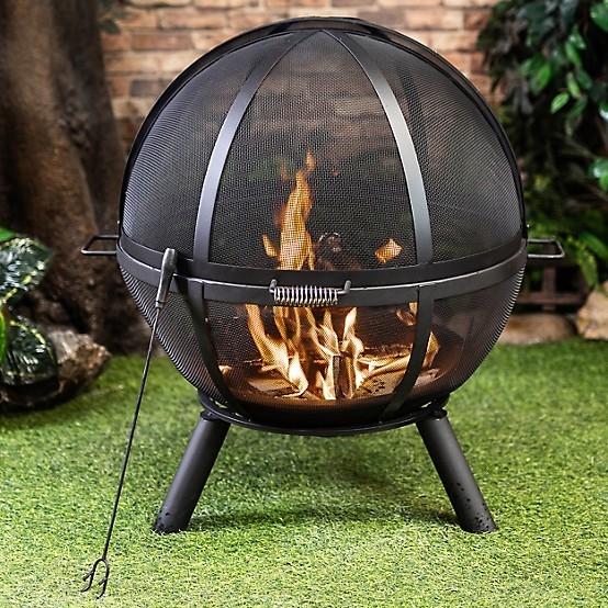 Spherical Fire Pit Black Steel Mesh Screen Wood Burning