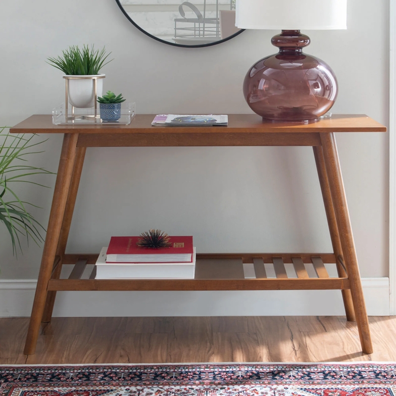 Splayed Leg Console Table with Slatted Shelf Wood Toned