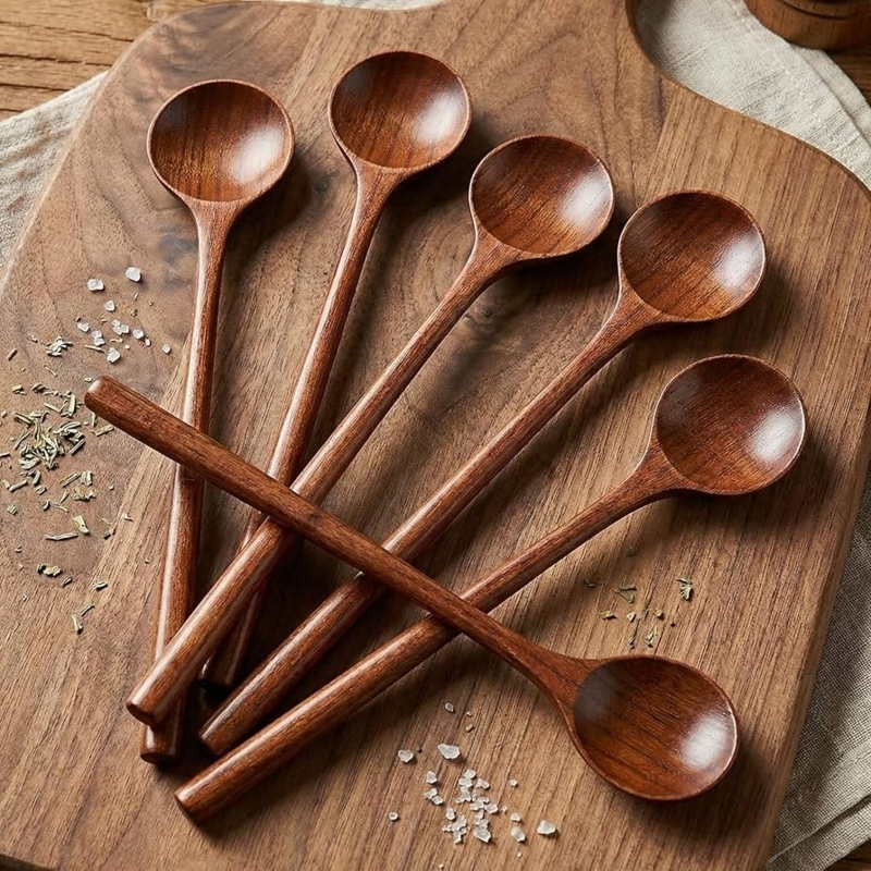 Spoon Set Dark Wood Slender Neck Round Bowl Long Handles