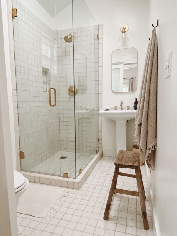 Square Grid Tile White Ceramic Modern Bathroom Gold Accents