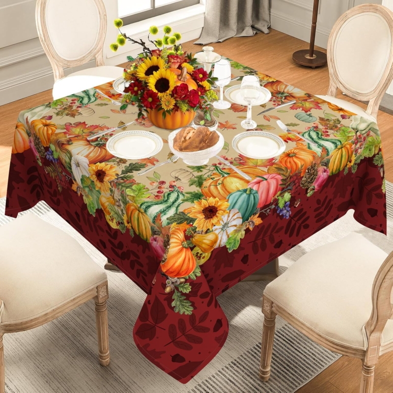 Square Harvest Tablecloth with Pumpkins and Burgundy Border