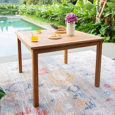 Square Patio Dining Table with Slatted Wood Top for Tropical Poolside