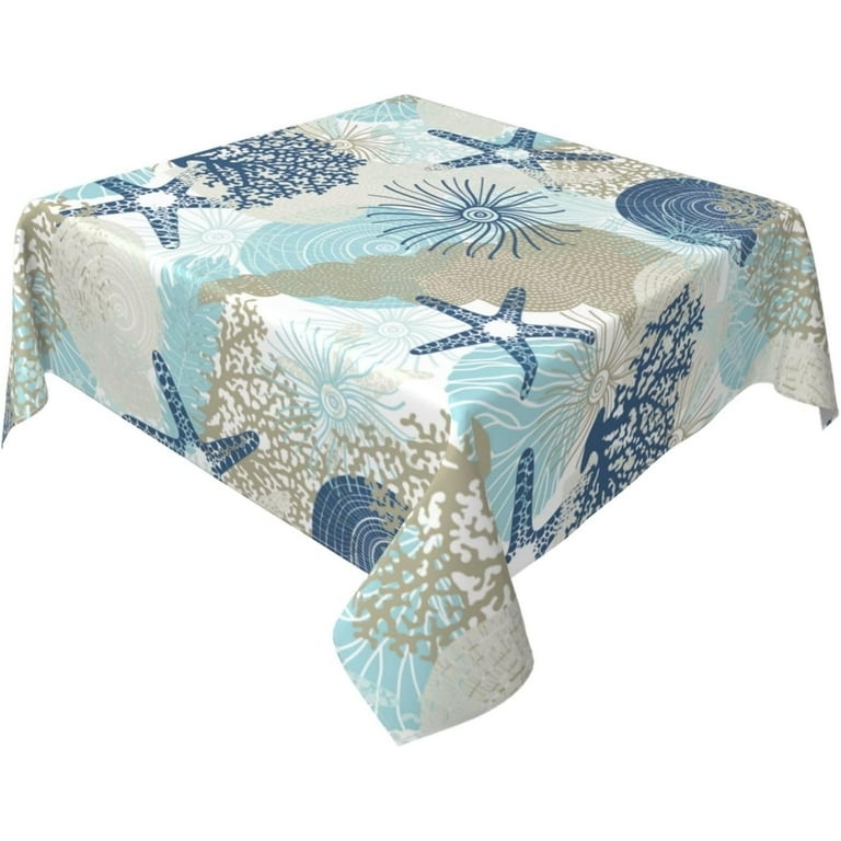 Square Tablecloth Aqua Navy Accents, Square Ocean Themed Tablecloth