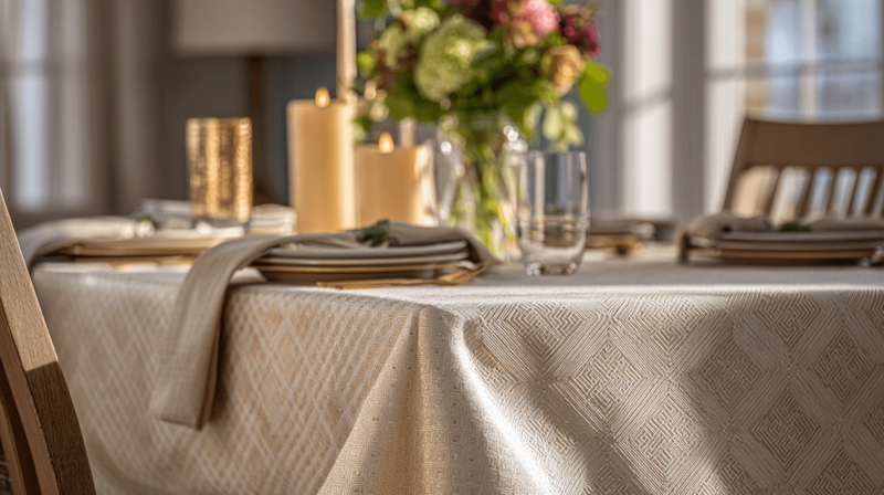 Square Tablecloth Cream Geometric Fretwork Pattern, Woven Texture