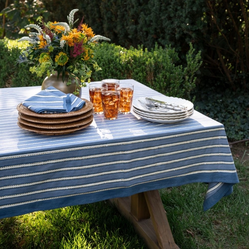 Square Tablecloth Dotted Stripe Pattern Navy Blue Linen Coastal Style