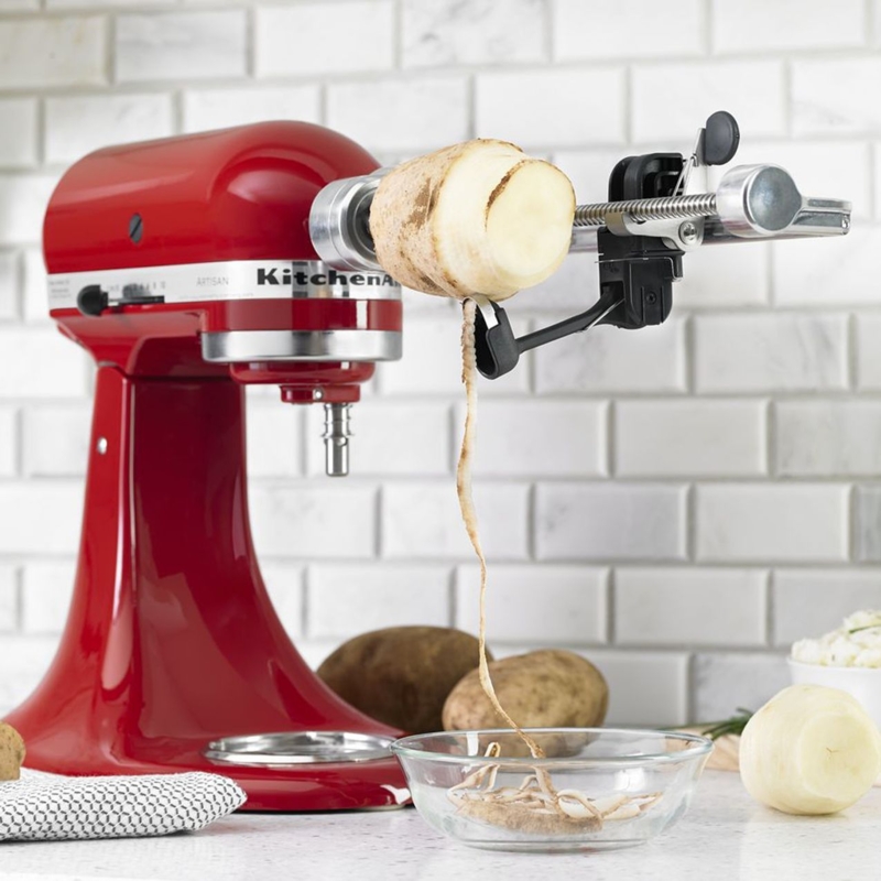 Stand Mixer Attachment Spiralizer with Automated Peeler on Red Mixer