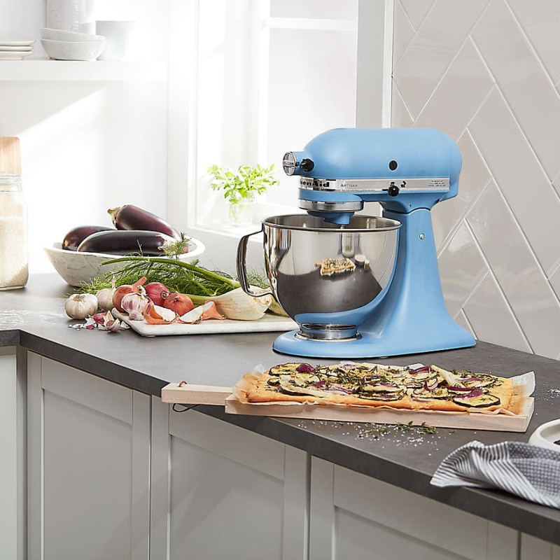 Stand Mixer Blue Velvet Matte Finish with Tilt Head on Dark Countertop