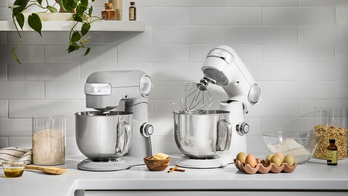 Stand Mixer Pair Grey And White Brushed Metal Bowls Sleek Tilt Head