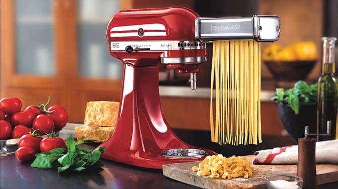 Stand Mixer with Pasta Cutter Attachment Red Glossy Finish Gourmet Setup