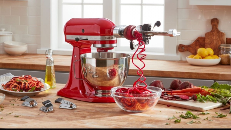 Stand Mixer with Spiralizer Attachment on Butcher Block Countertop