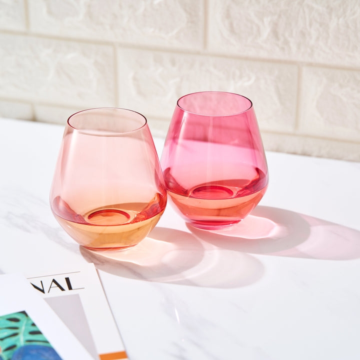 Stemless Wine Glass Fuchsia Coral Tinted Modern Vibrant Tapered Rim