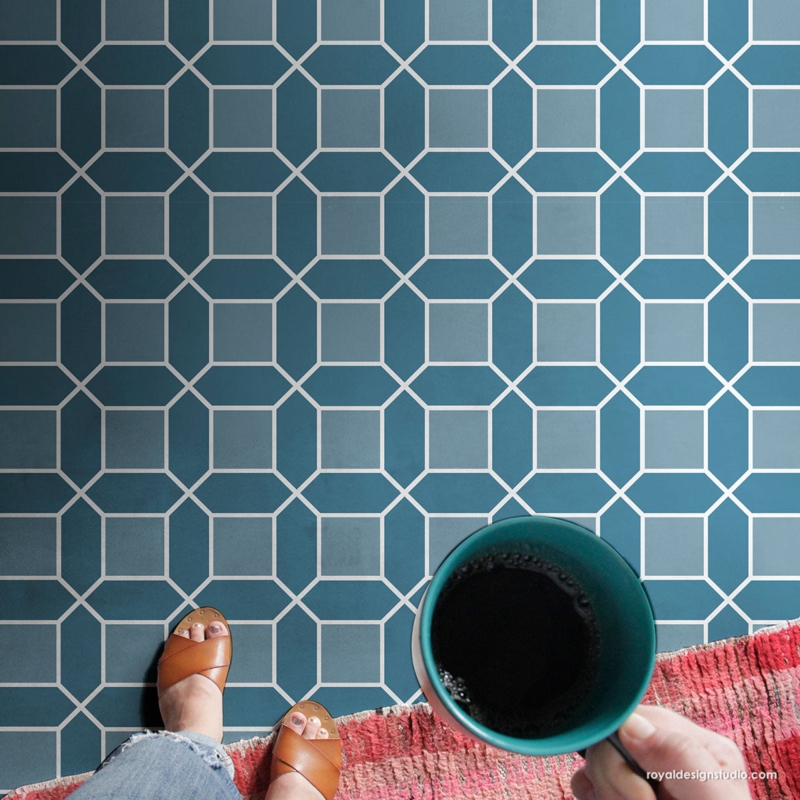 Stenciled Floor Pattern Geometric Octagon Shapes Teal Blue Design