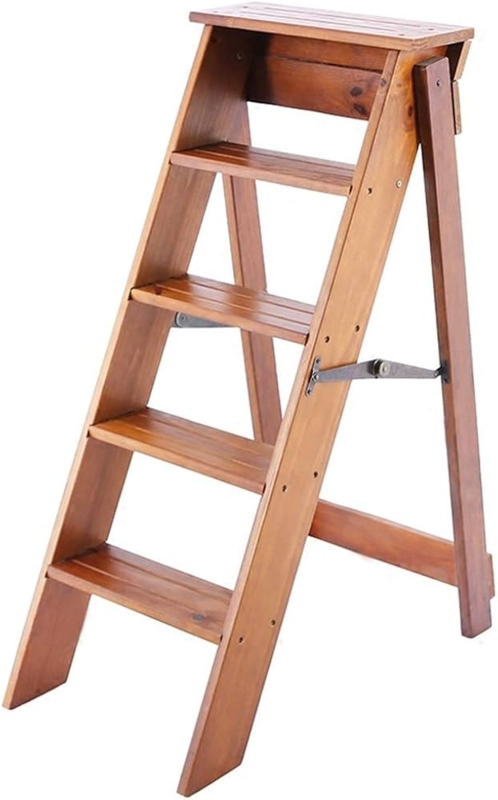Step Ladder Five Step Folding Wood Stained Finish