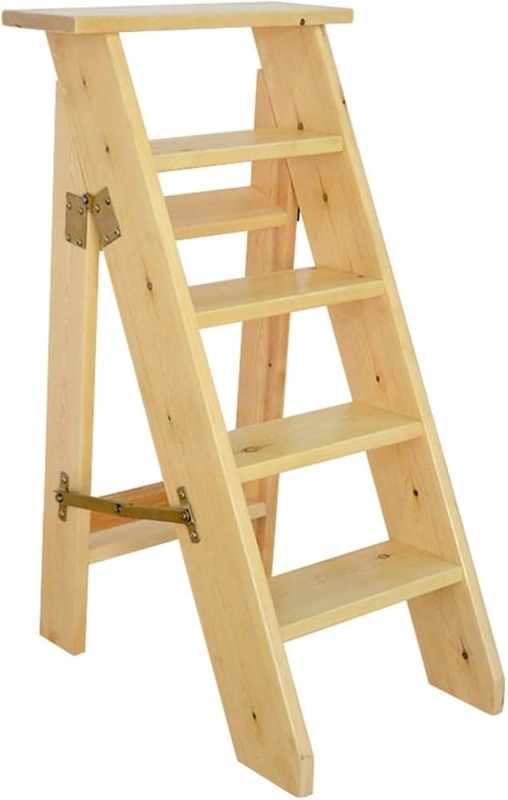Step Ladder Five Tier Natural Wood Folding with Locking Spreader Bar