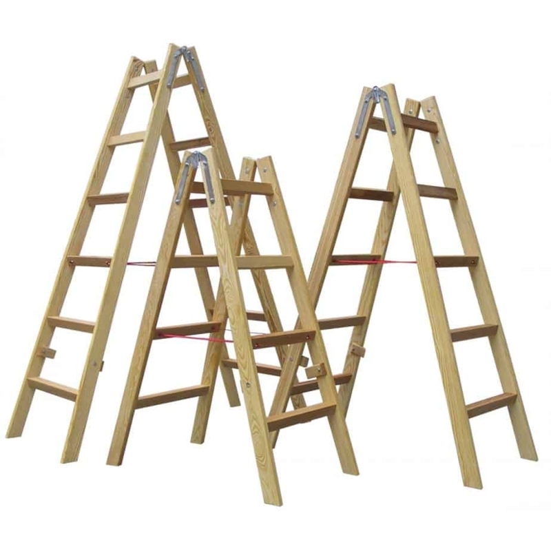 Step Ladder Folding A-Frame Design Red Safety Cords Natural Wood Tone Set