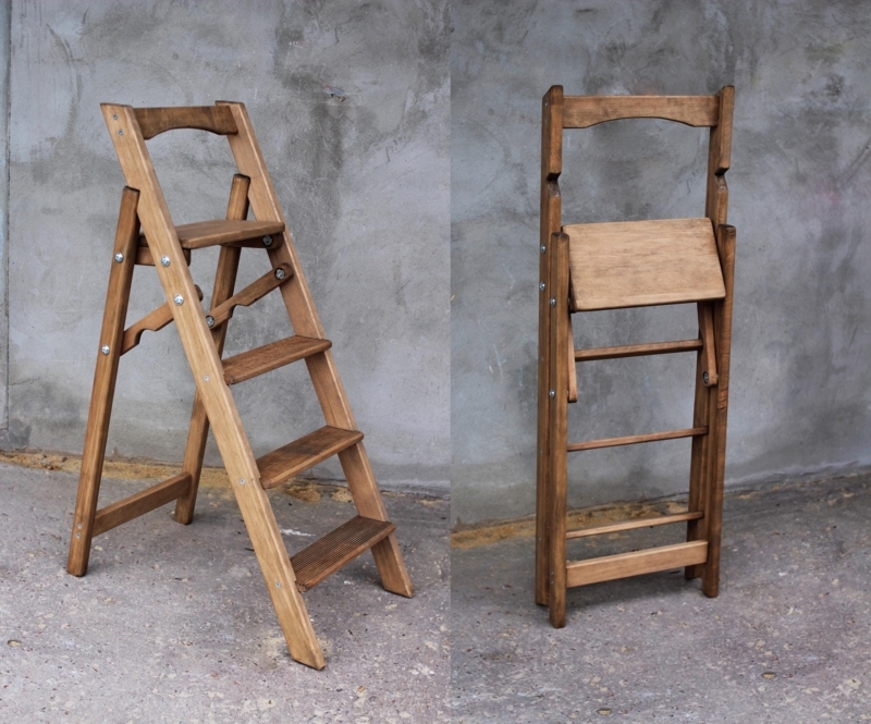 Step Ladder Ribbed Treads Folding Wood Toned Curved Top Handle