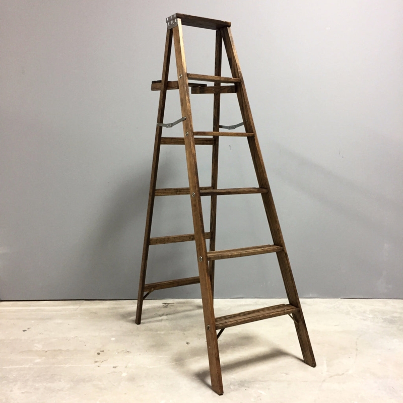 Step Ladder Six Step Walnut Finish Wood A Frame Folding