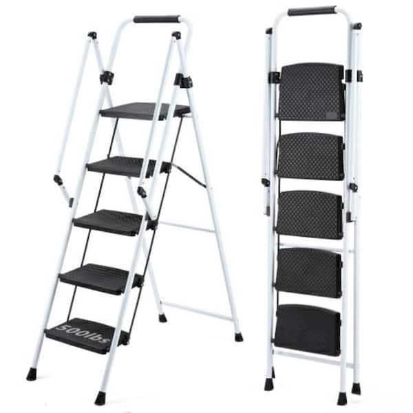 Step Ladder White 5-Step 500lb Capacity Safety Handrail