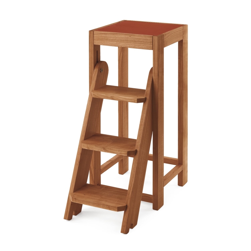Step Stool Cherry Wood Toned with Red Top Inlay Folding