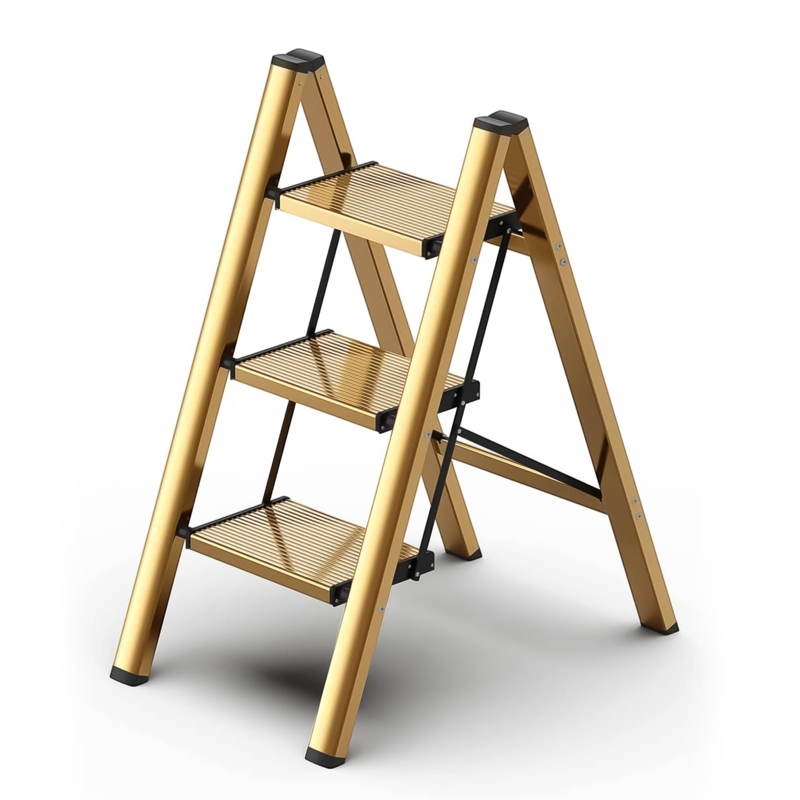 Step Stool Gold Finish Ribbed Steps Three-Tier Folding