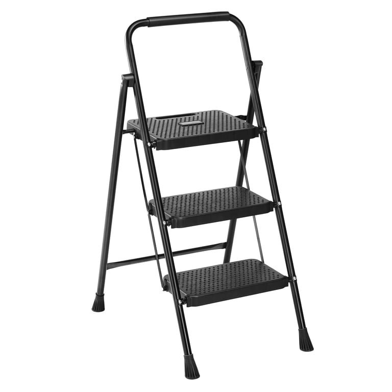 Step Stool Matte Black Safety Handle Perforated Treads
