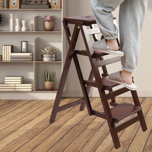 Step Stool Transitional Four Step Espresso Wood Folding Design