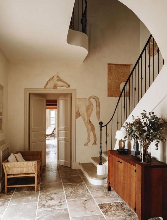 Stone Paver Flooring in Rustic Entryway with Hand Painted Horse Mural