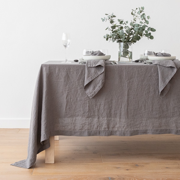 Stone Washed Steel Grey Linen Tablecloth with Heavy Drape.