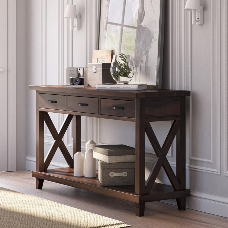 Storage Console Table Dark Espresso X-Brace Sides Three Drawers