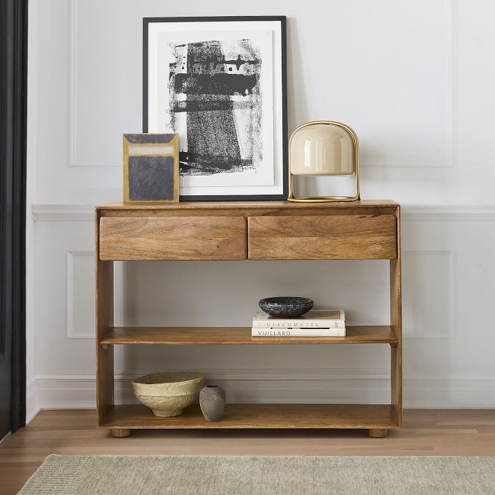 Storage Console Table Warm Honey Wood Two Drawers Open Shelving