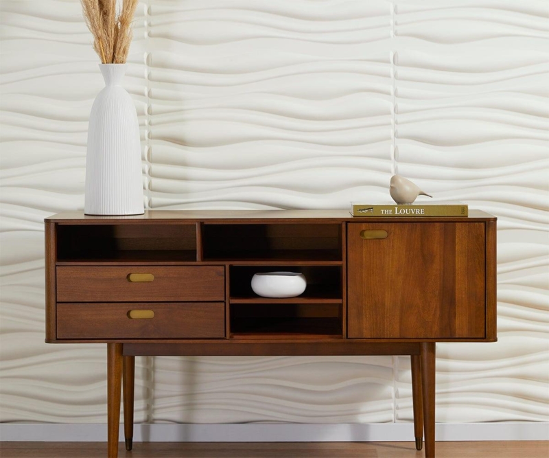 Storage Console Table Warm Walnut Tapered Legs Recessed Pulls
