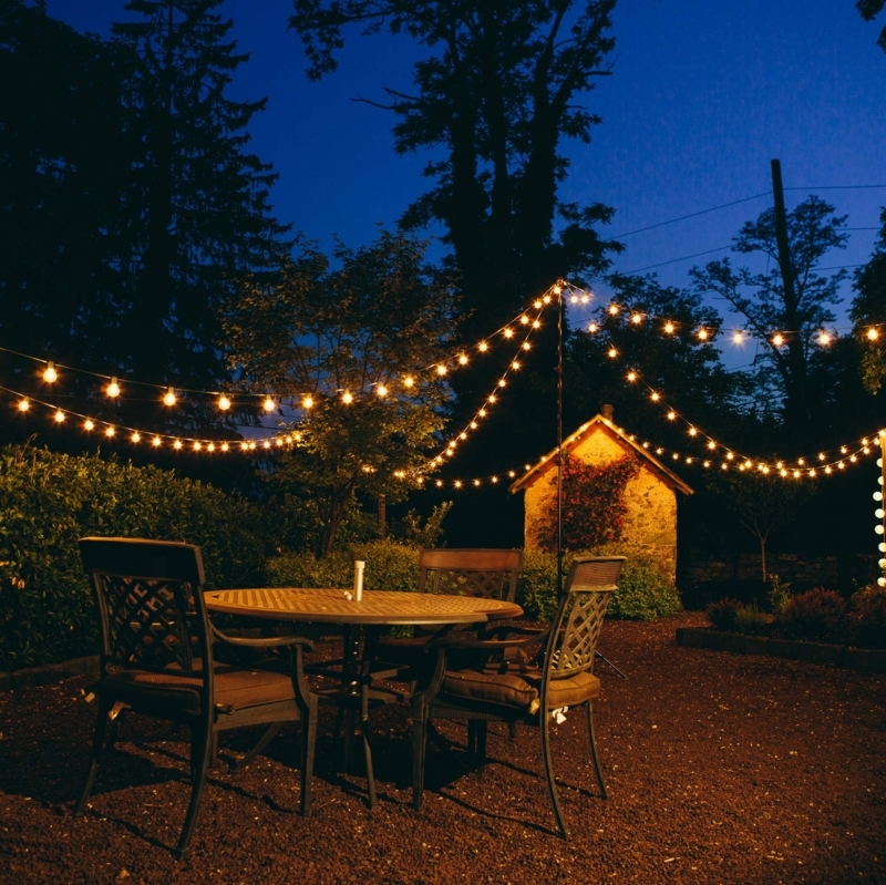 String Lights in Draped Layout for Rustic Bistro Patio