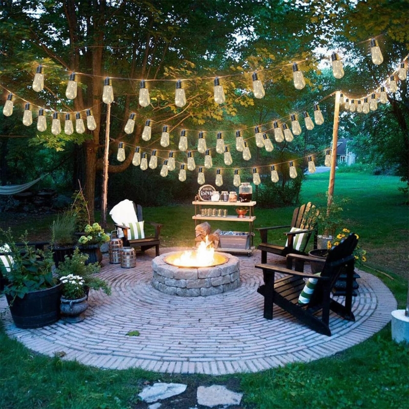 String Lights, Swagged Design for Layered Canopy over Fire Pit
