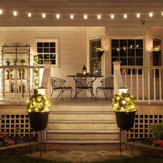 String Lights with White Wire Design for Traditional Porch