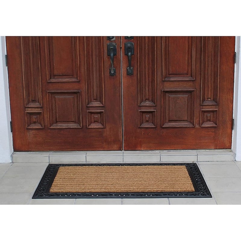 Striped Coir Doormat Extra Wide Ornate Rubber Border Classic Entry