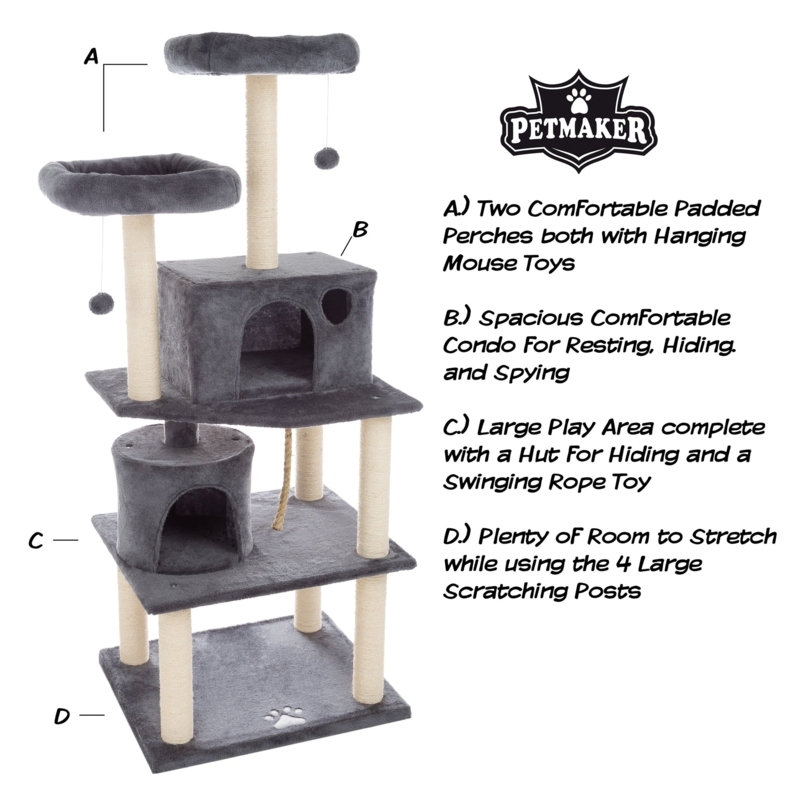 Sturdy Five-Tier Cat Gym with Swinging Rope Toy and Padded Perches, Gray