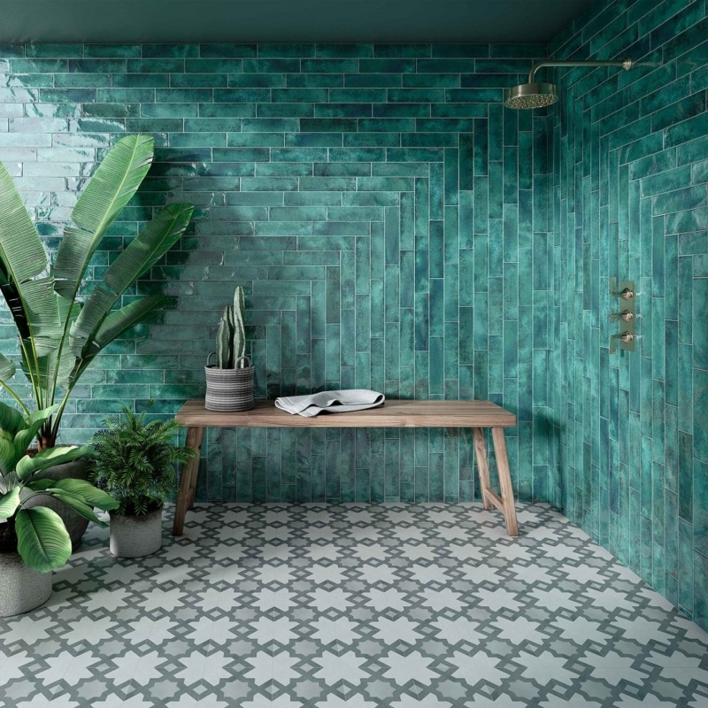 Subway Tile Emerald Green Glossy with Geometric Patterned Floor