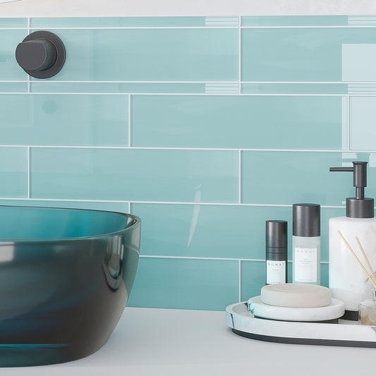 Subway Tile: Glass Glossy Horizontal Layout Running Bond Vessel Sink Pairing